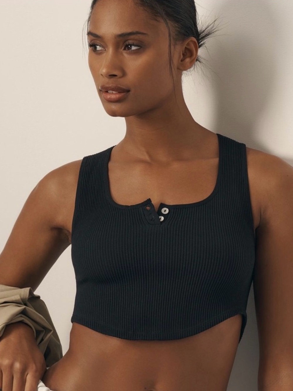 New! Anthropologie Black Textured Seamless Ribbed Henley Crop Top Sz S/M